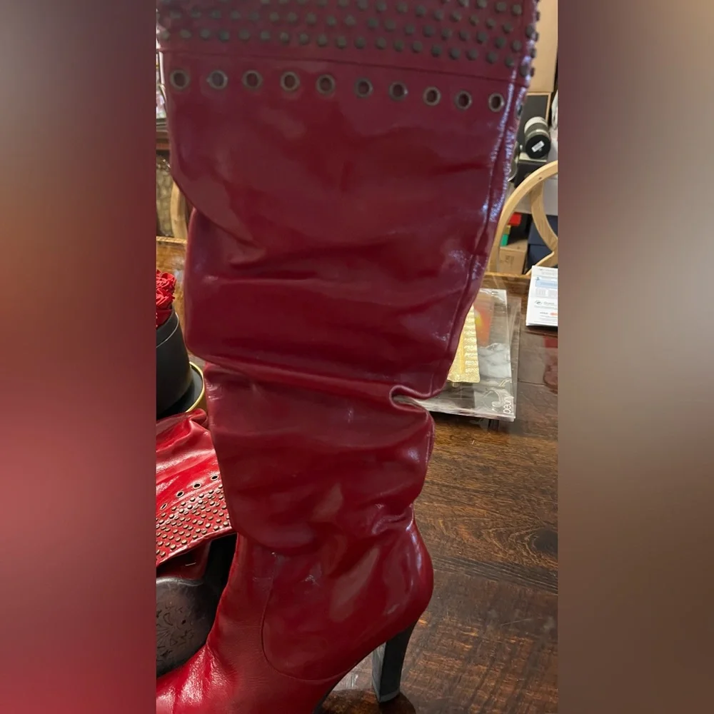 Red Studded Knee-High Boots - Picture 4 of 6